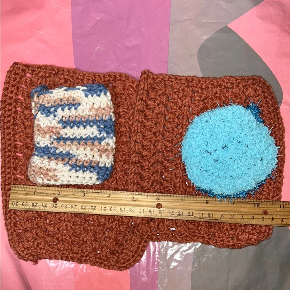 Handmade Crochet dish cloth Set in Rust and Blue with dish scrubby - Picture 5 of 5